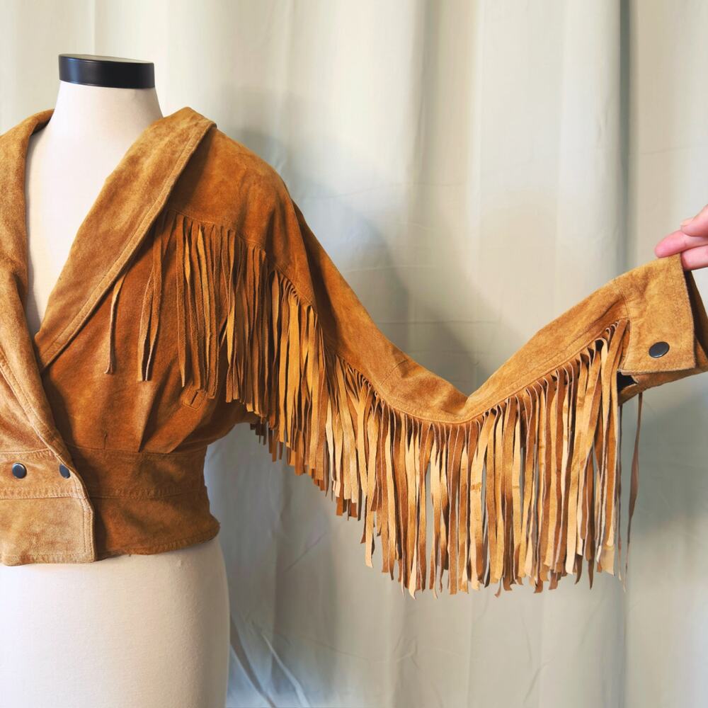 VTG 80s Michael Joseph Cropped Fringe Leather Jacket size Medium - Picture 7 of 11